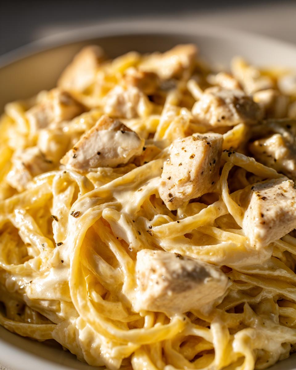 Close-up of fettuccine pasta coated in rich white sauce, topped with seasoned chunks of chicken alfredo.