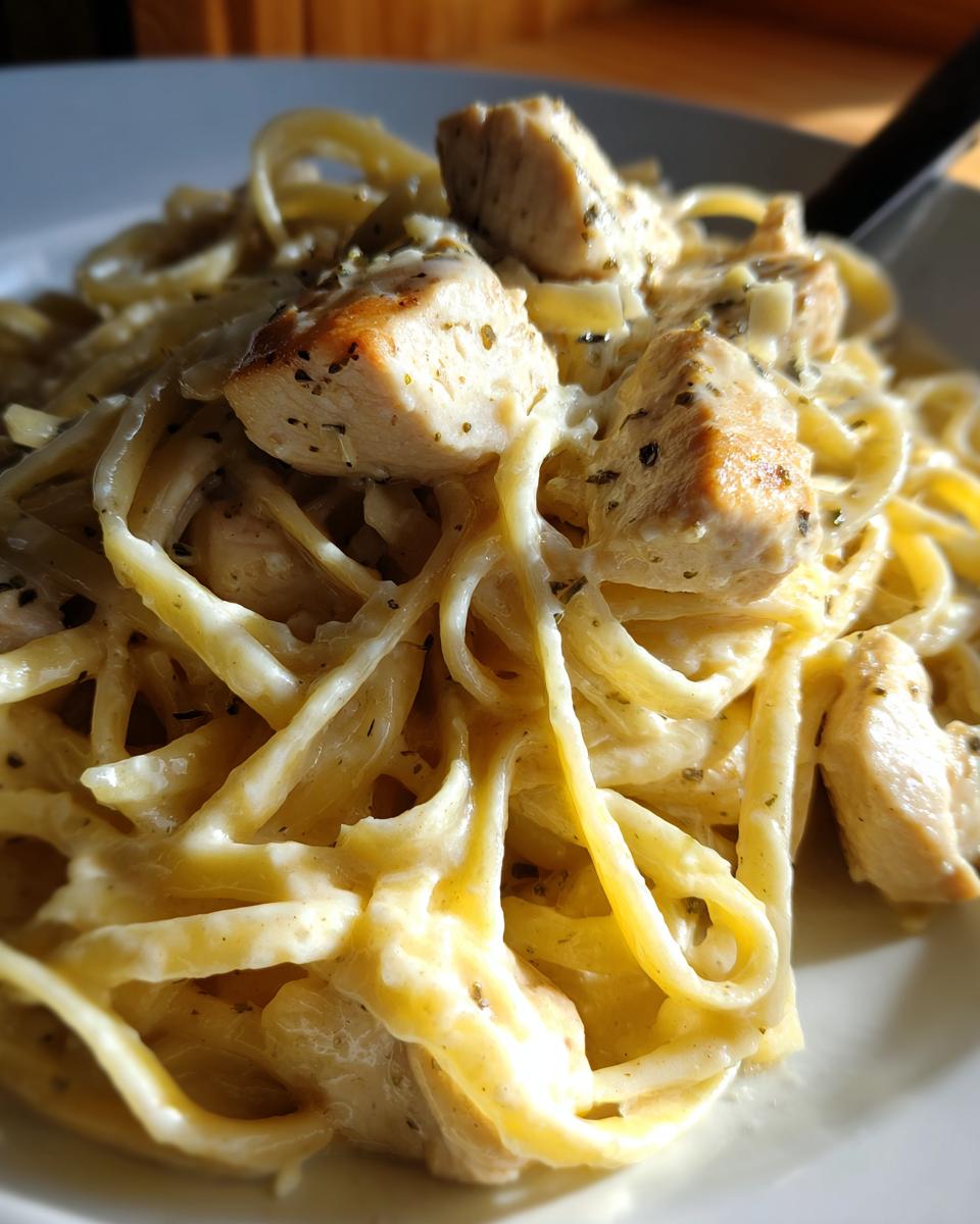 A close-up, sunlit shot of a plate piled high with creamy fettuccine noodles and chunks of seasoned chicken in a rich chicken alfredo sauce.