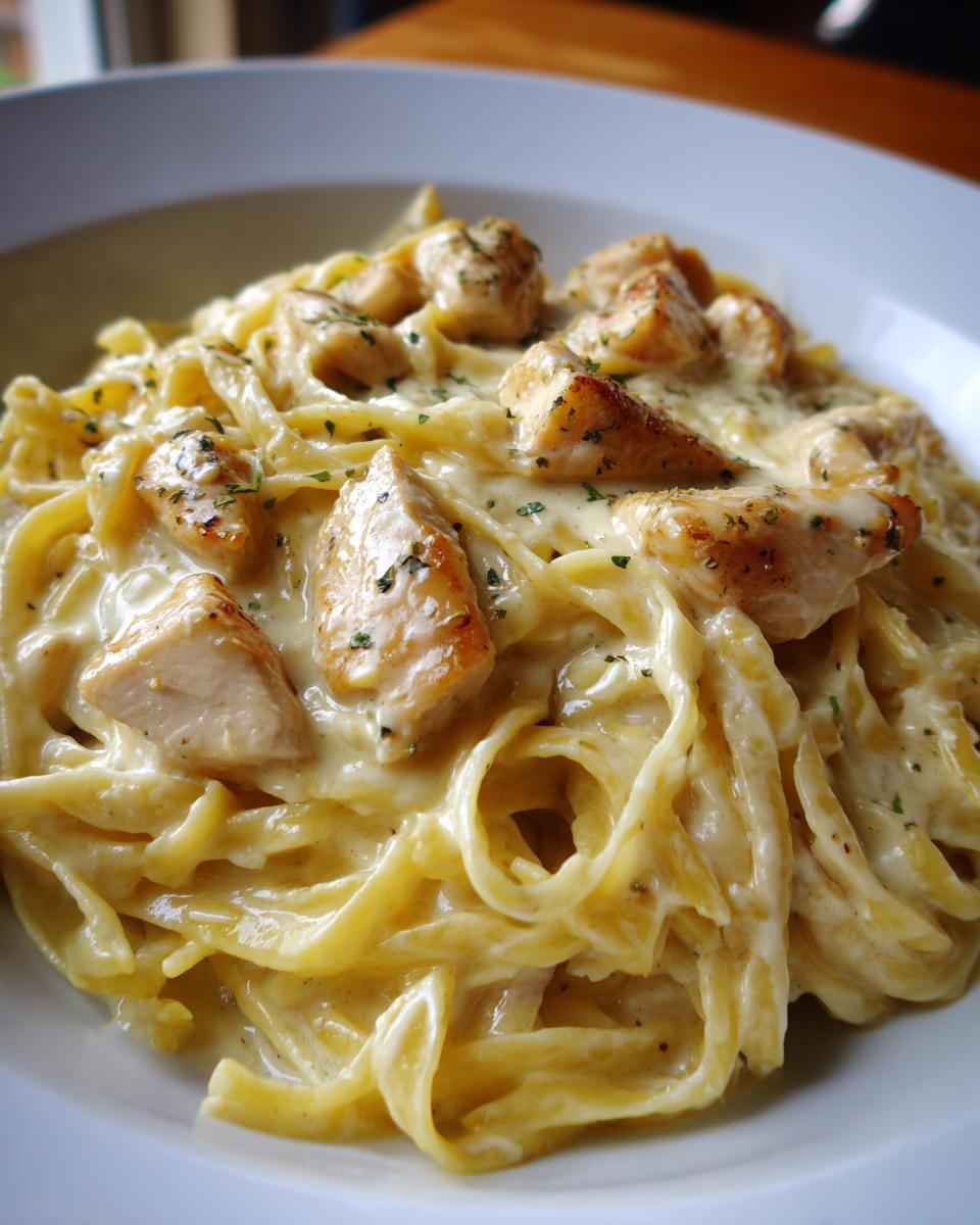Close-up of a bowl of creamy chicken alfredo featuring fettuccine pasta and seasoned chicken pieces.