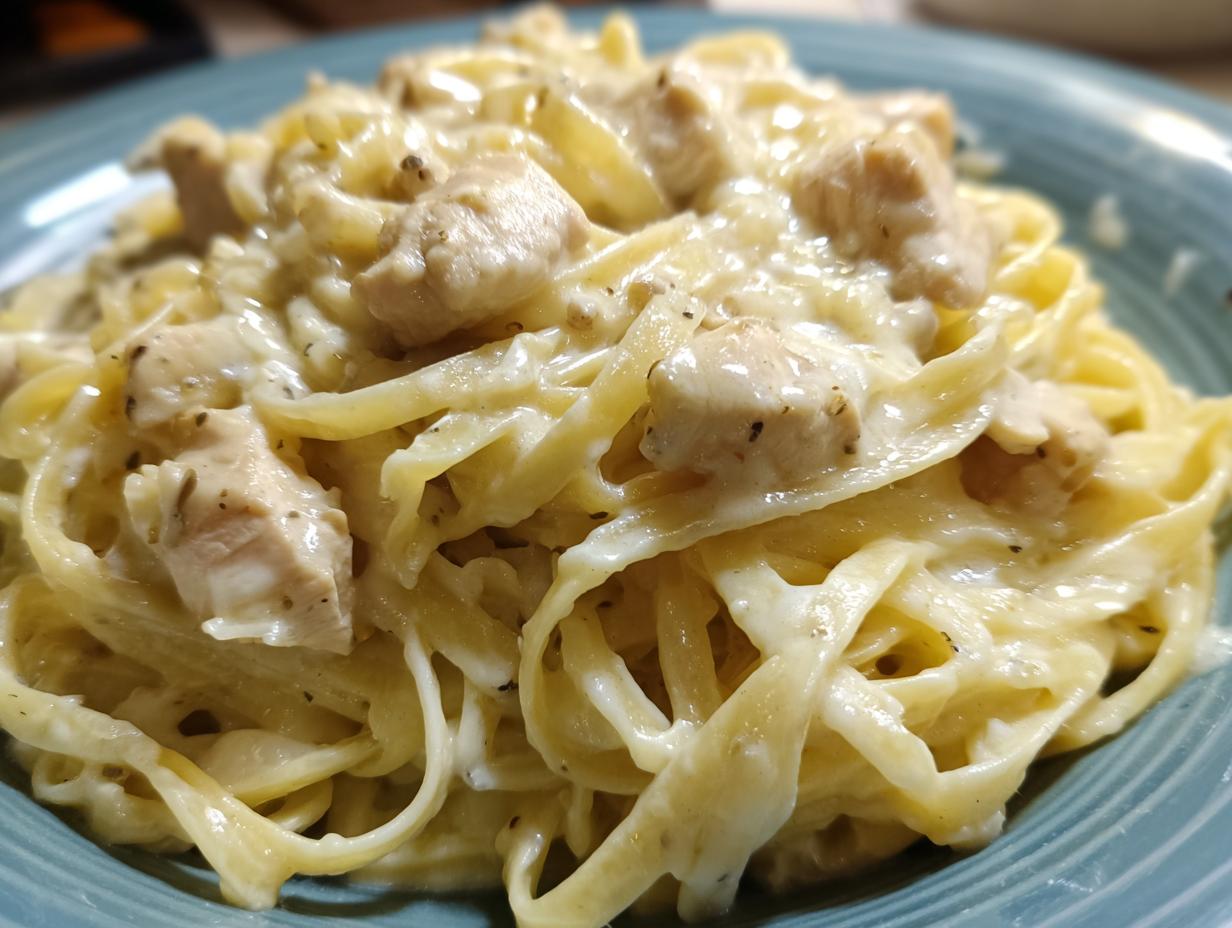 Close-up of fettuccine pasta smothered in creamy sauce with chunks of seasoned chicken, a perfect chicken alfredo dish.