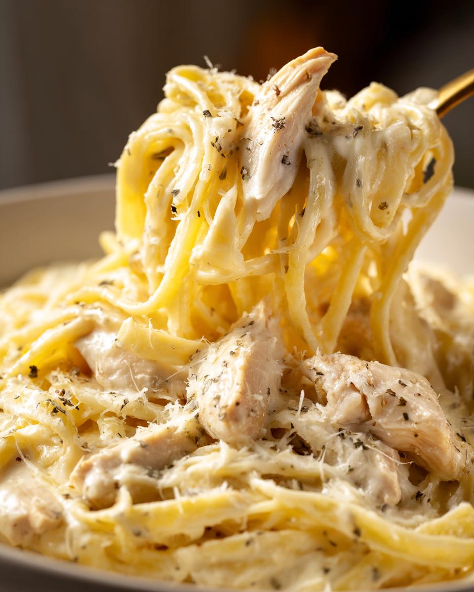 Close-up of creamy chicken alfredo pasta being lifted from a bowl on a gold fork, showing fettuccine noodles and chunks of chicken.