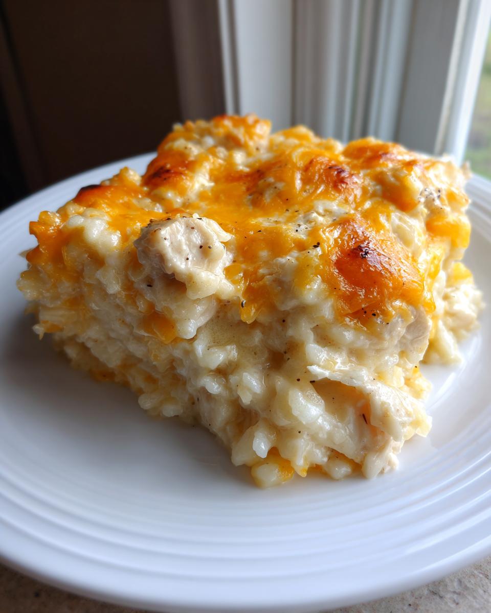 A square serving of creamy chicken and rice casserole topped with melted, browned cheddar cheese.