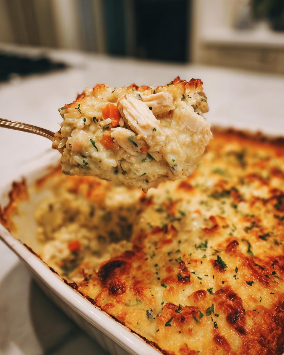 A spoonful of creamy chicken and wild rice casserole being lifted from a golden-brown baked dish.