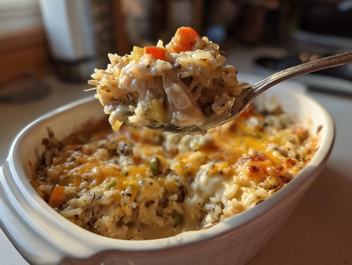 A spoonful of creamy chicken and wild rice casserole lifted from a white baking dish.
