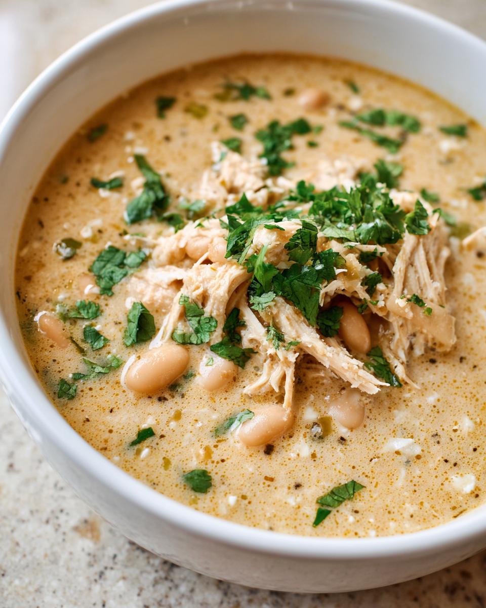 Close-up of a bowl of creamy white chicken chili topped with shredded chicken, white beans, and fresh cilantro.
