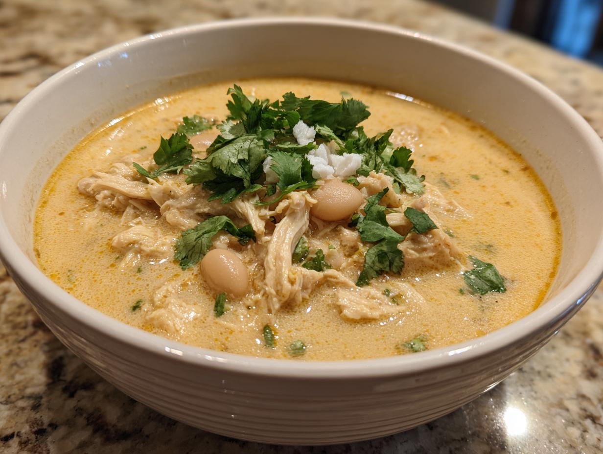 Close-up of a creamy white chicken chili topped with shredded chicken, white beans, cilantro, and crumbled cheese.