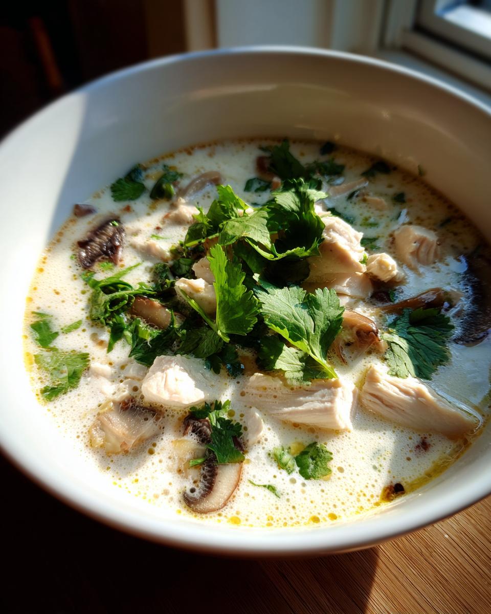 A close-up, sunlit bowl of creamy coconut soup filled with chunks of chicken, sliced mushrooms, and fresh cilantro garnish.