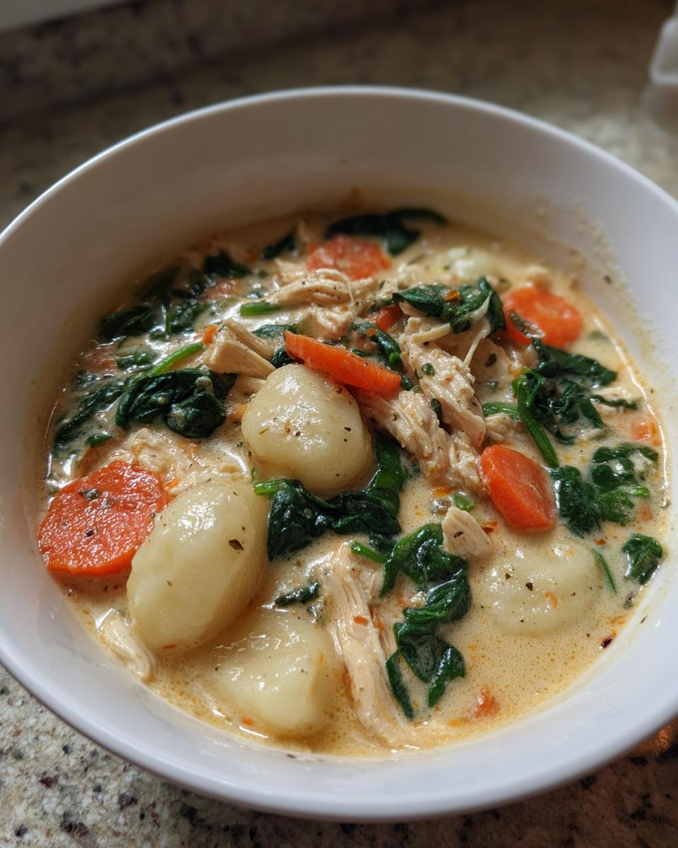 Close-up of a hearty bowl of creamy chicken gnocchi soup with carrots and spinach.