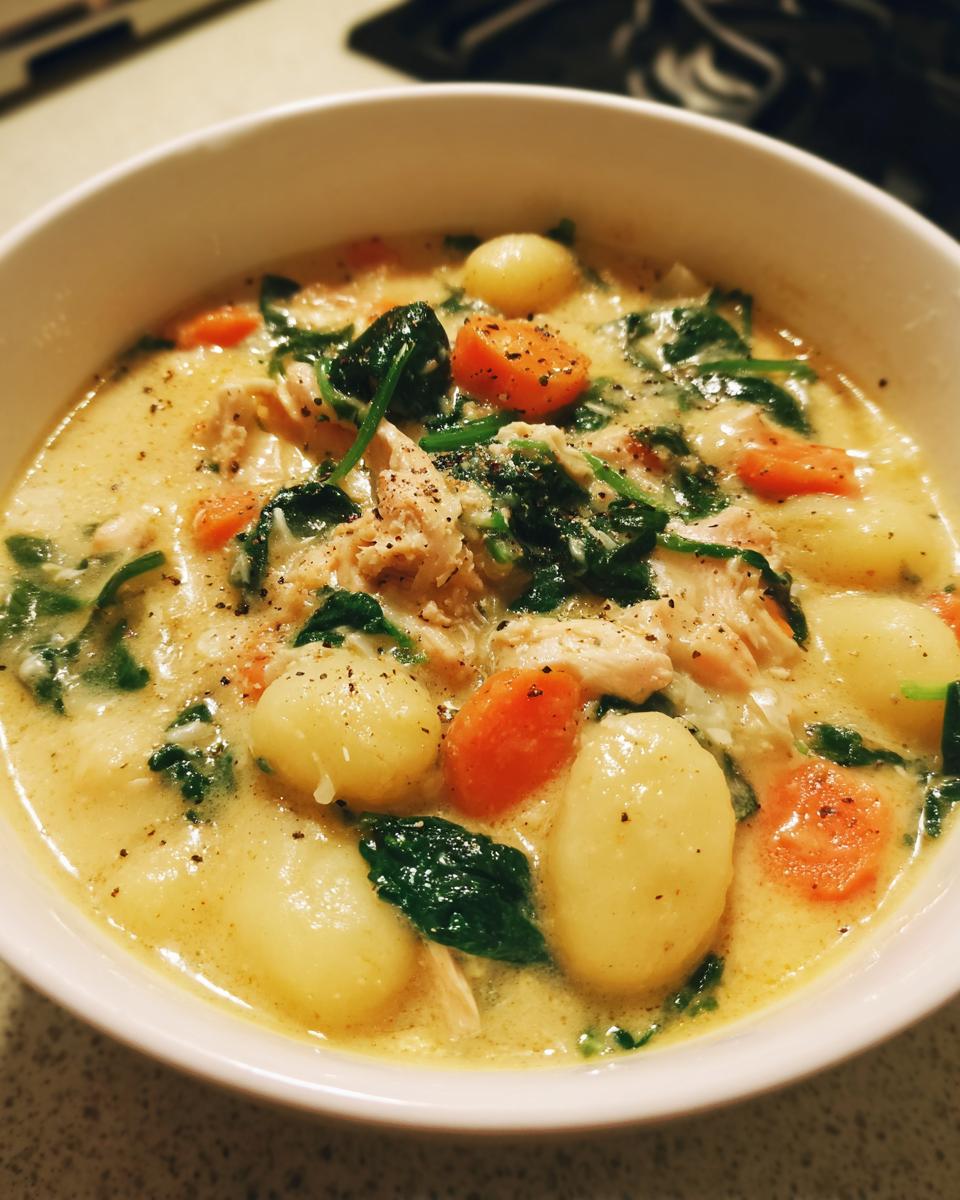 Close-up of a creamy chicken gnocchi soup featuring tender gnocchi, shredded chicken, spinach, and carrots, topped with black pepper.