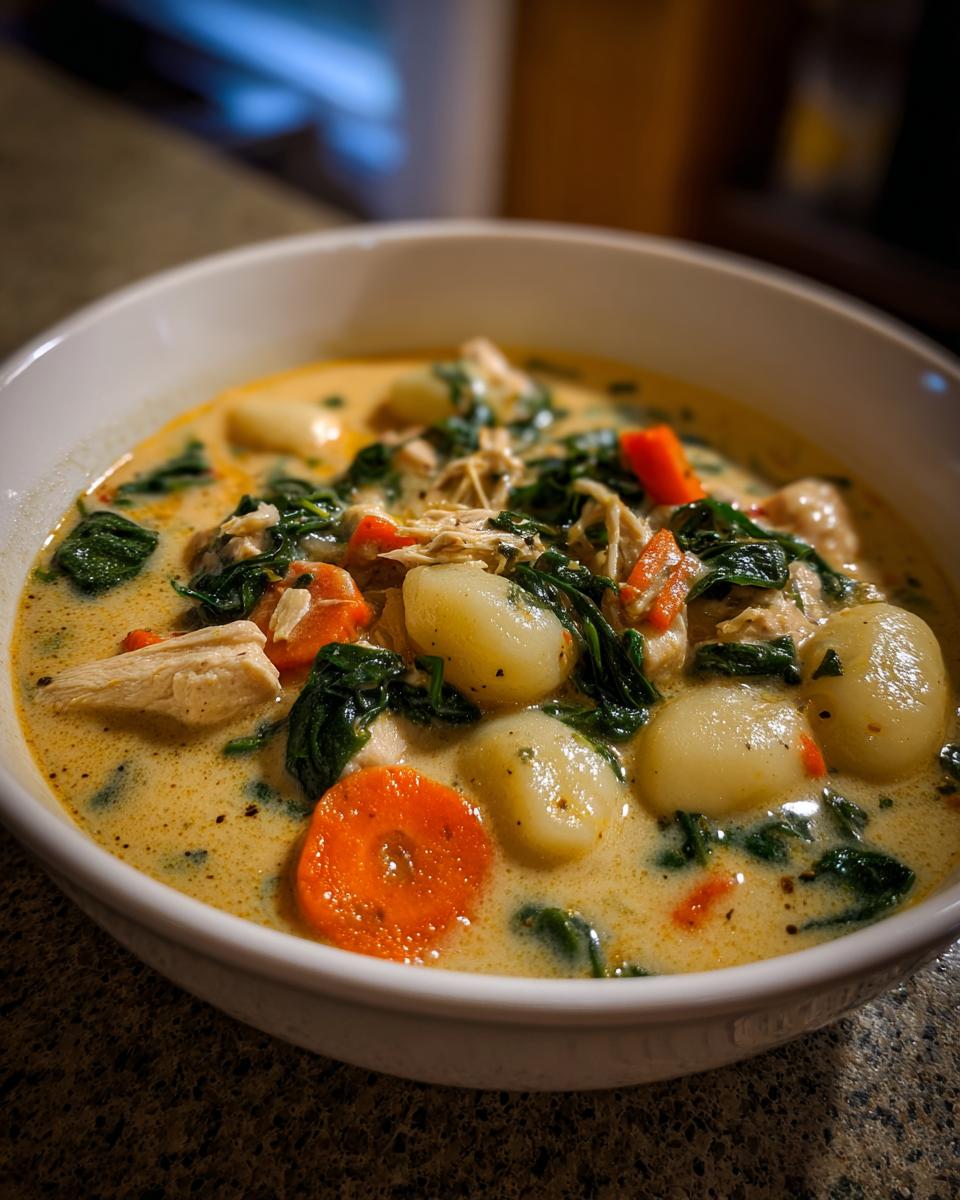 A close-up of a hearty bowl of creamy chicken gnocchi soup featuring tender gnocchi, shredded chicken, spinach, and sliced carrots.
