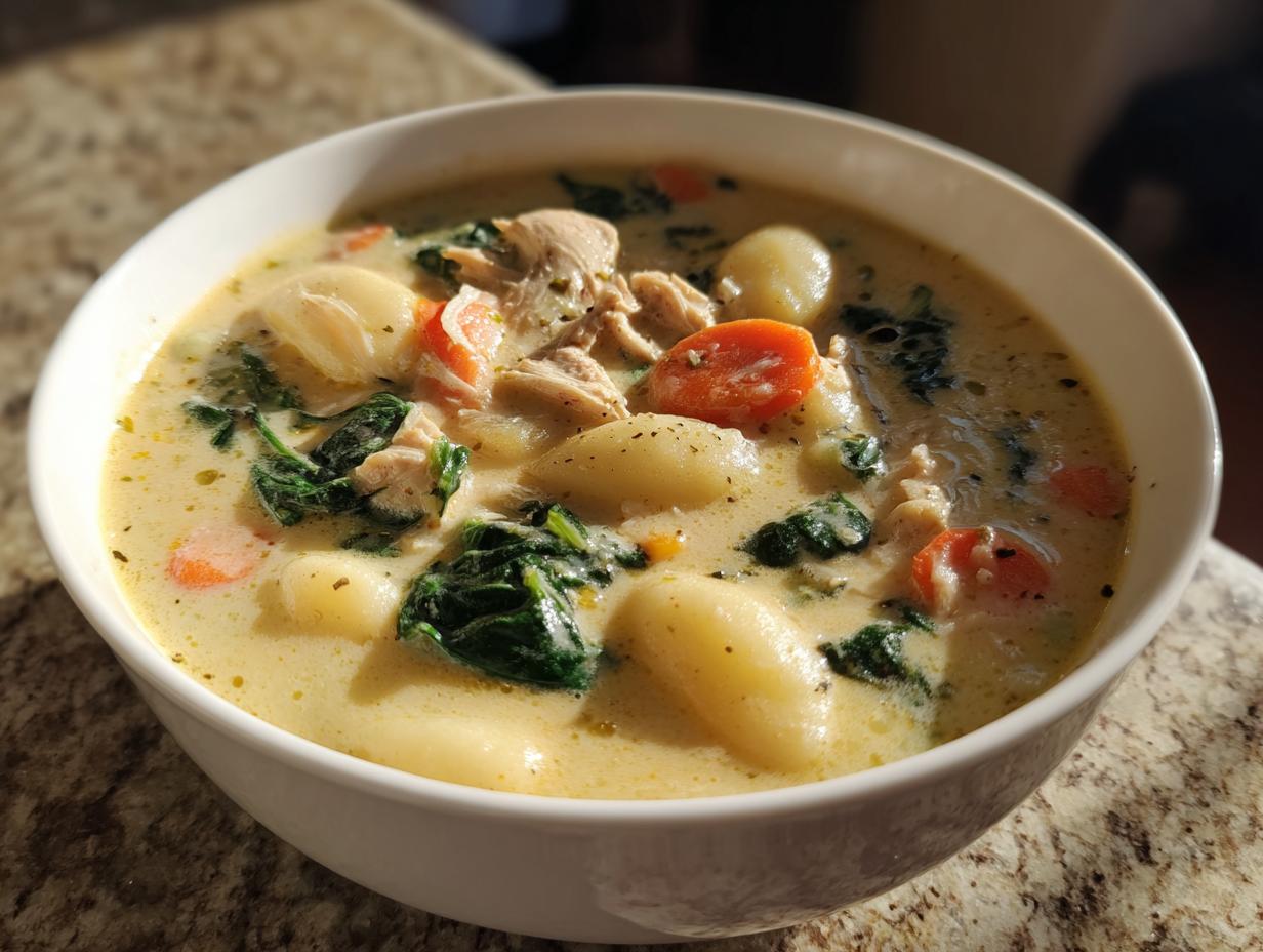 Close-up of a hearty bowl of creamy chicken gnocchi soup with spinach and carrots.
