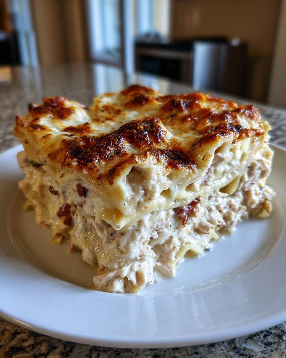 A generous slice of creamy chicken lasagna with a perfectly browned, cheesy top layer served on a white plate.