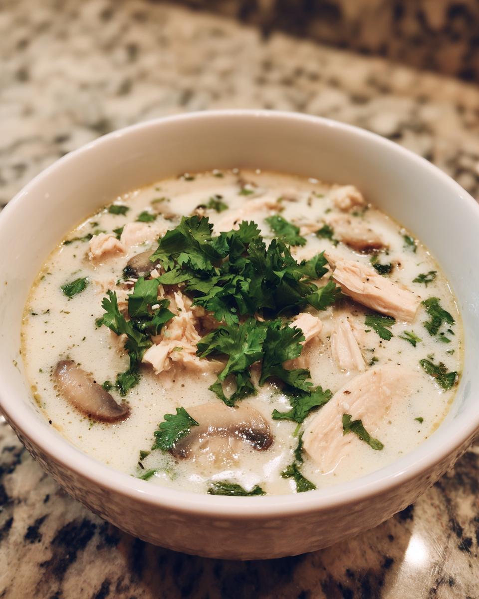A close-up of a white bowl filled with creamy coconut soup containing shredded chicken, sliced mushrooms, and fresh cilantro.