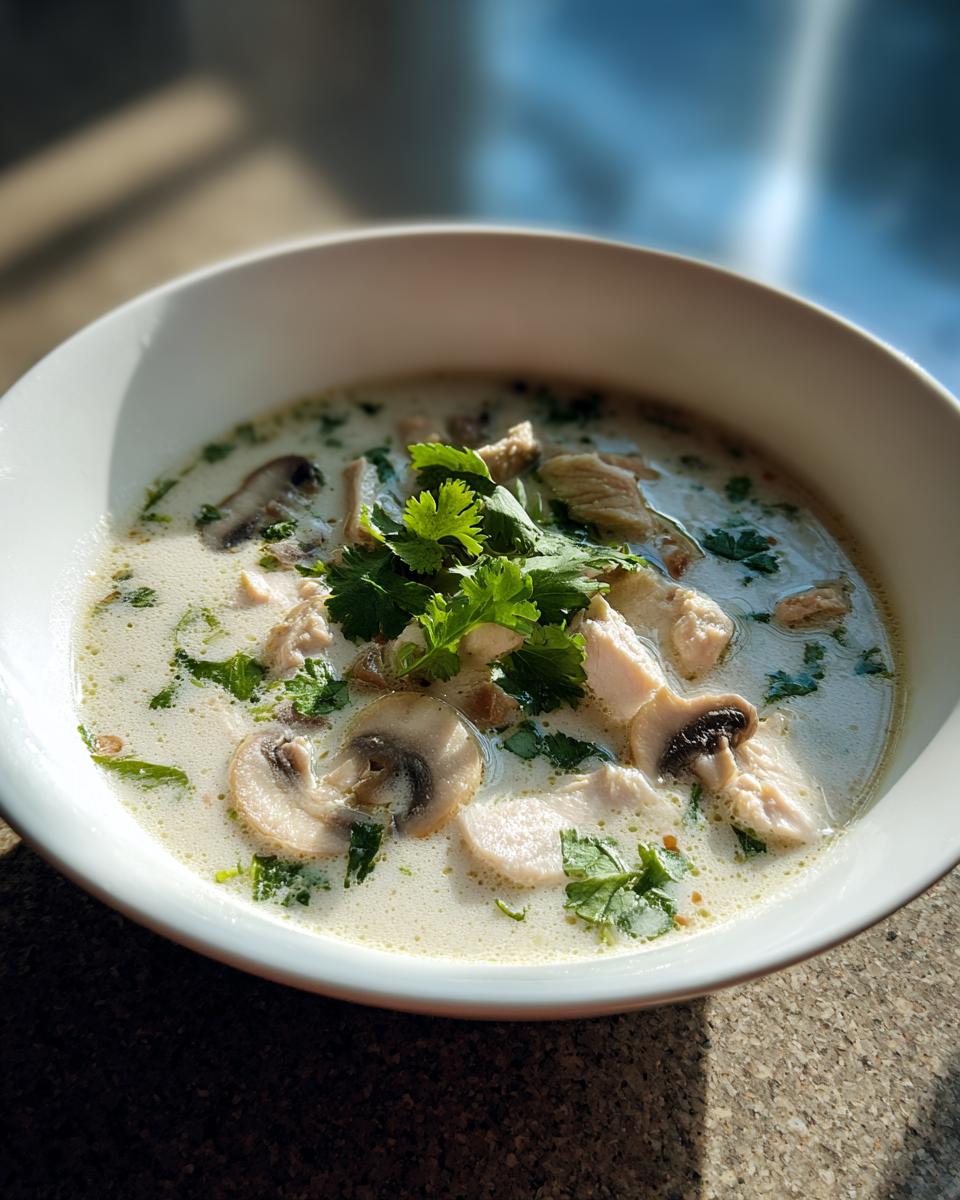 A white bowl filled with creamy chicken and mushroom coconut soup, garnished with fresh cilantro.