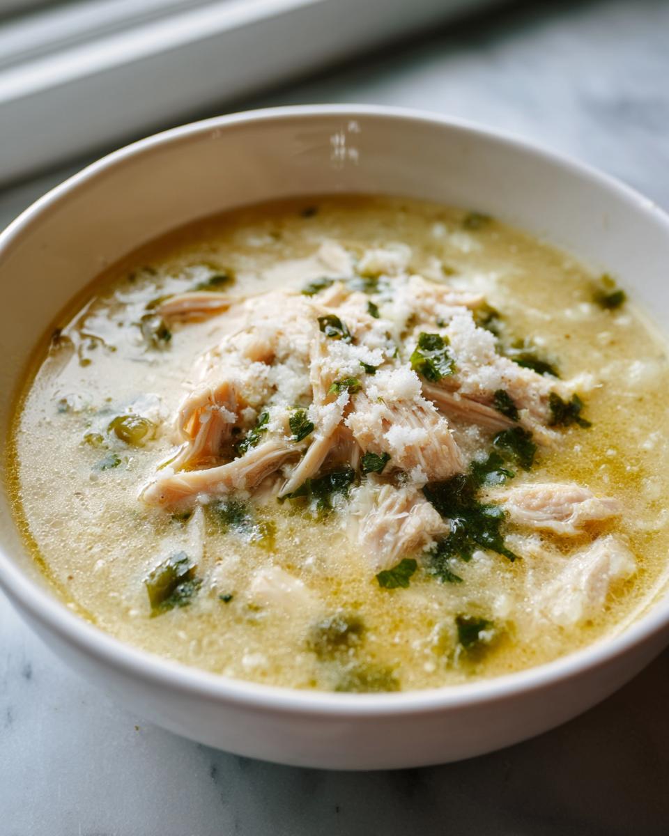 Close-up of a bowl of creamy chicken poblano soup recipe, topped with shredded chicken, cotija cheese, and parsley.