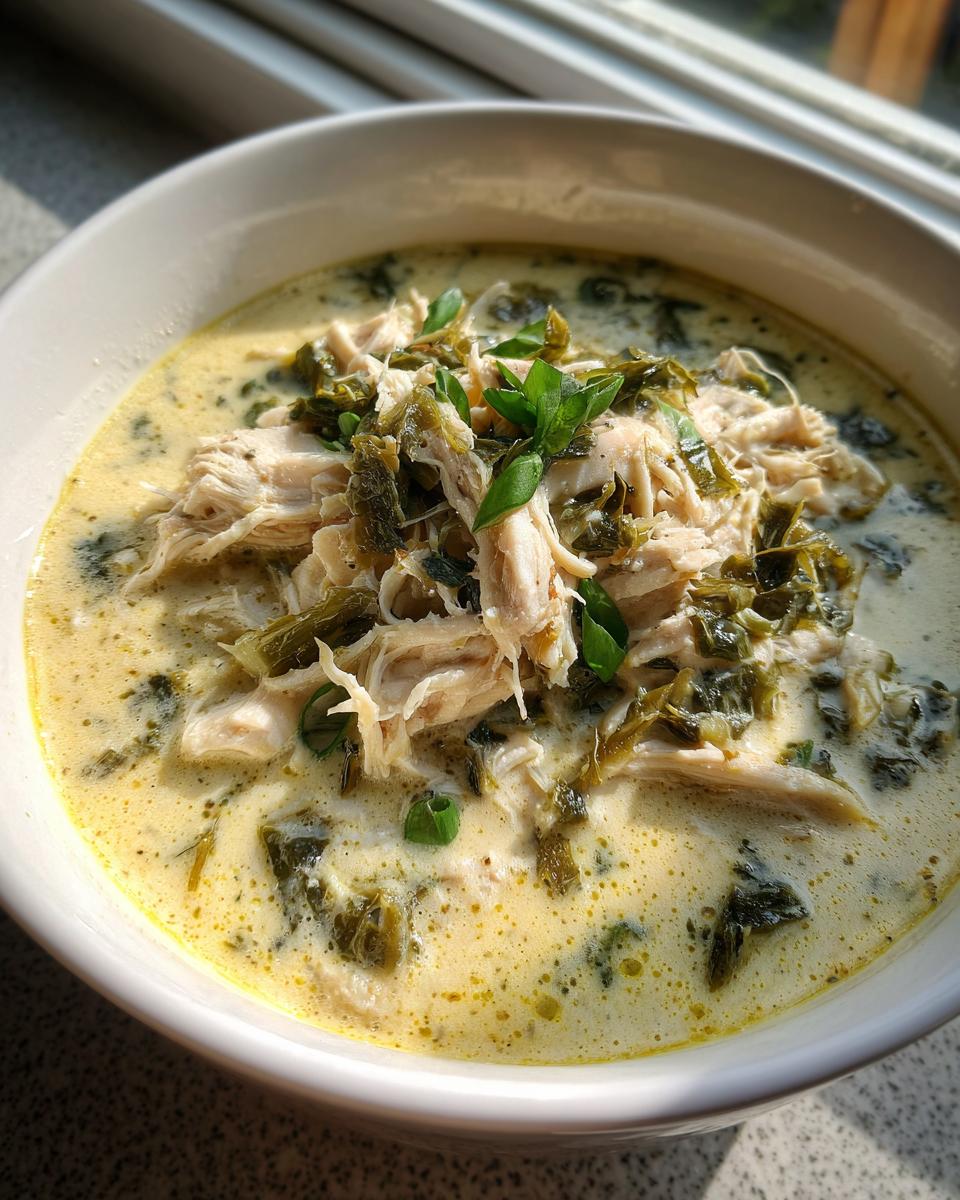 Close-up of a creamy chicken poblano soup recipe, featuring shredded chicken and green poblano peppers in a rich broth.