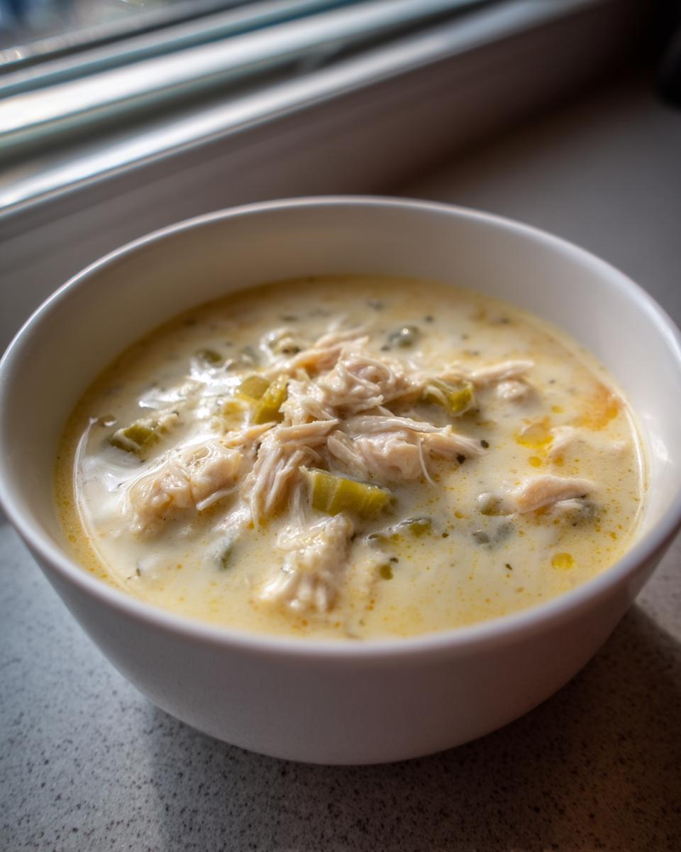 A close-up of a creamy white bowl filled with shredded chicken poblano soup recipe, showing chunks of green pepper and chicken.