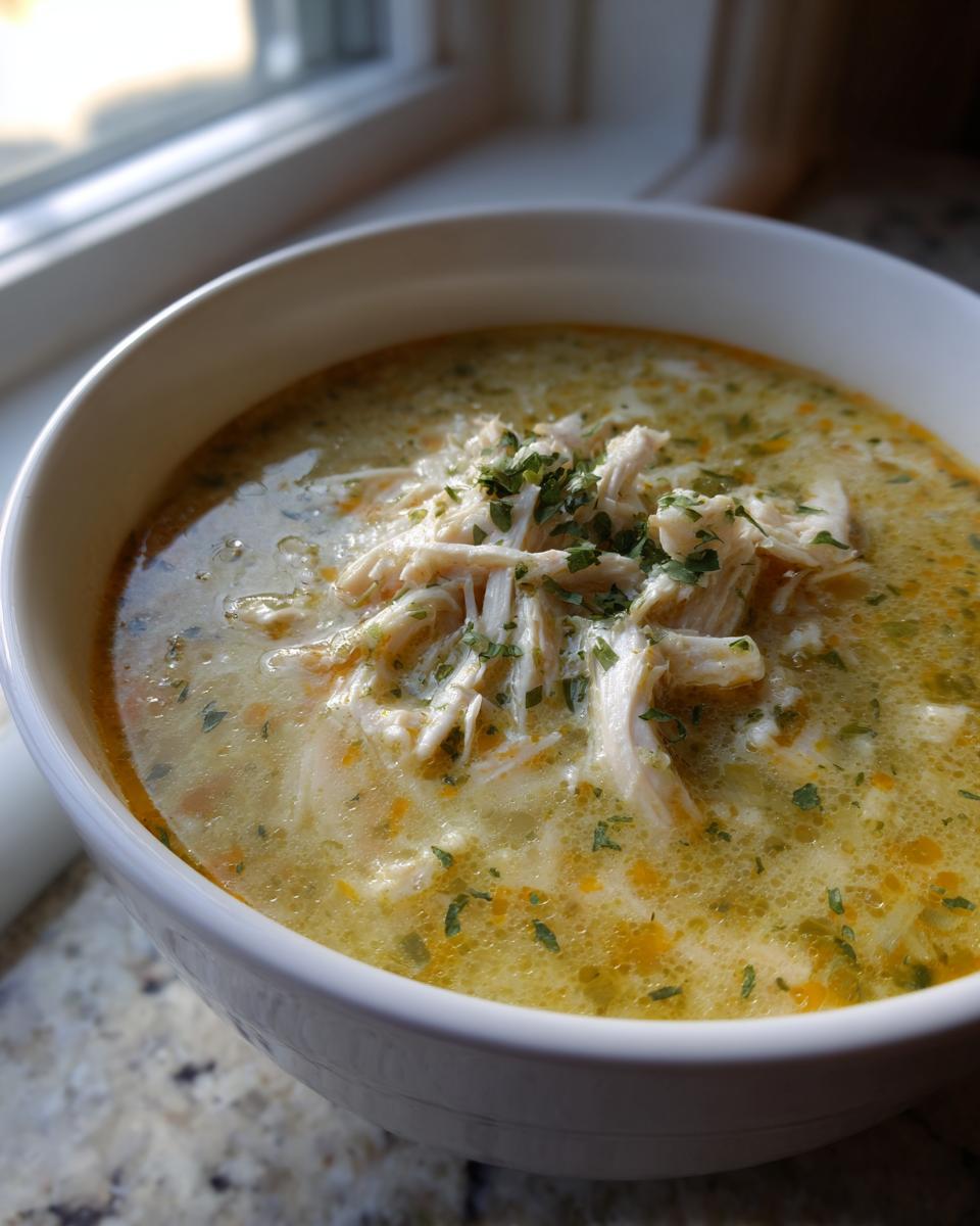A close-up of a white bowl filled with creamy chicken poblano soup recipe, topped with shredded chicken and parsley.