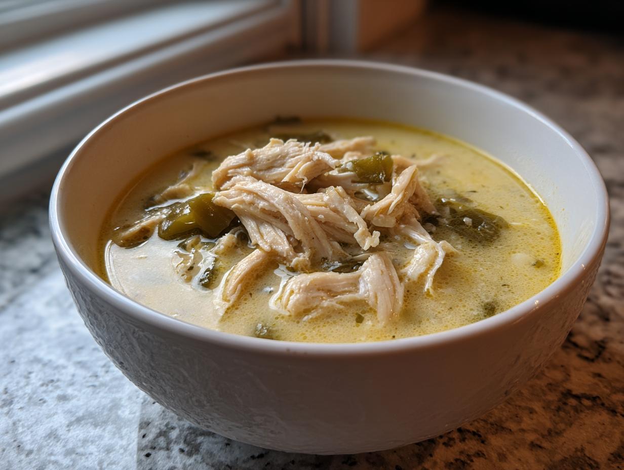 Close-up of a creamy chicken poblano soup recipe, featuring shredded chicken and green peppers in a white bowl.