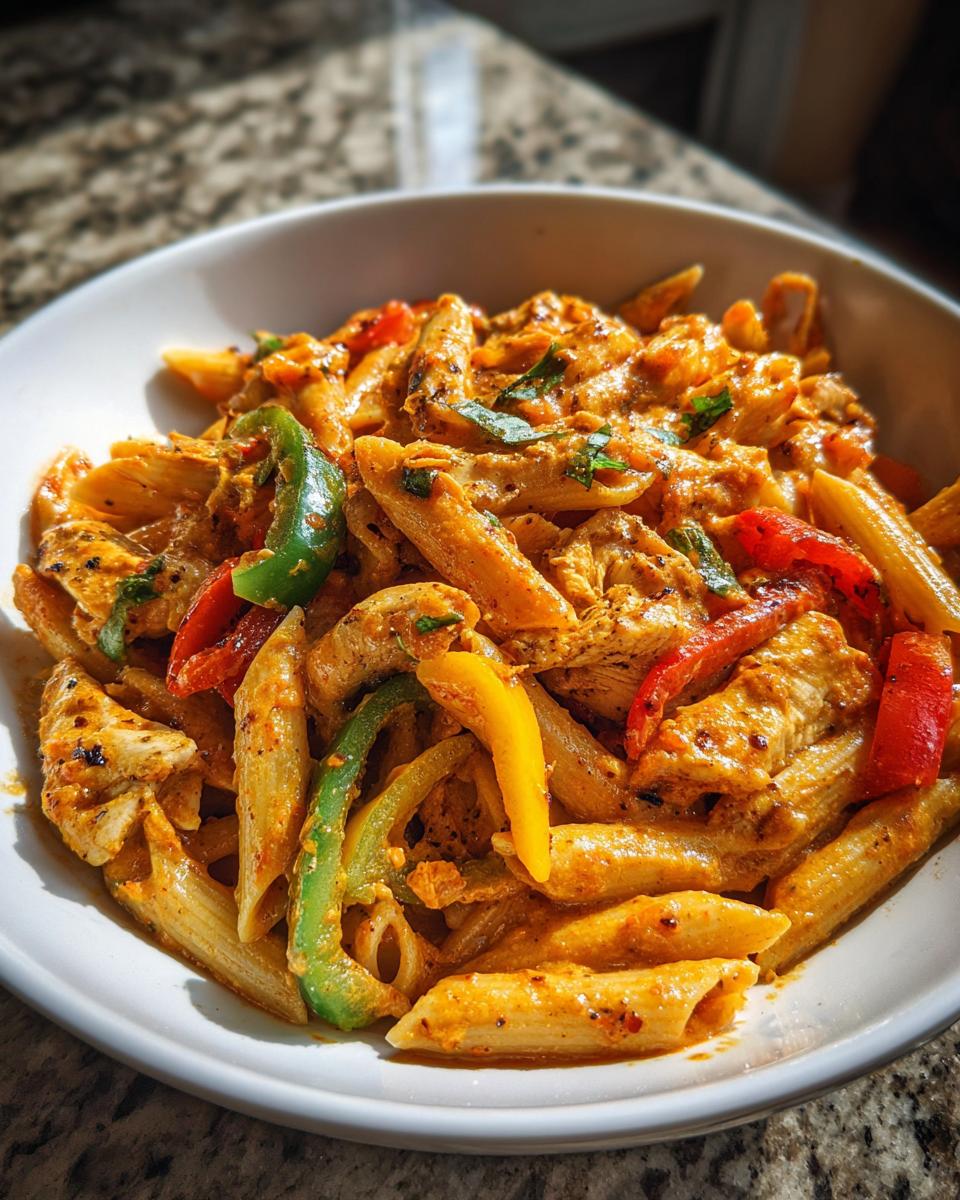 Close-up of creamy Rasta Pasta with chicken strips and colorful bell peppers in a white bowl.