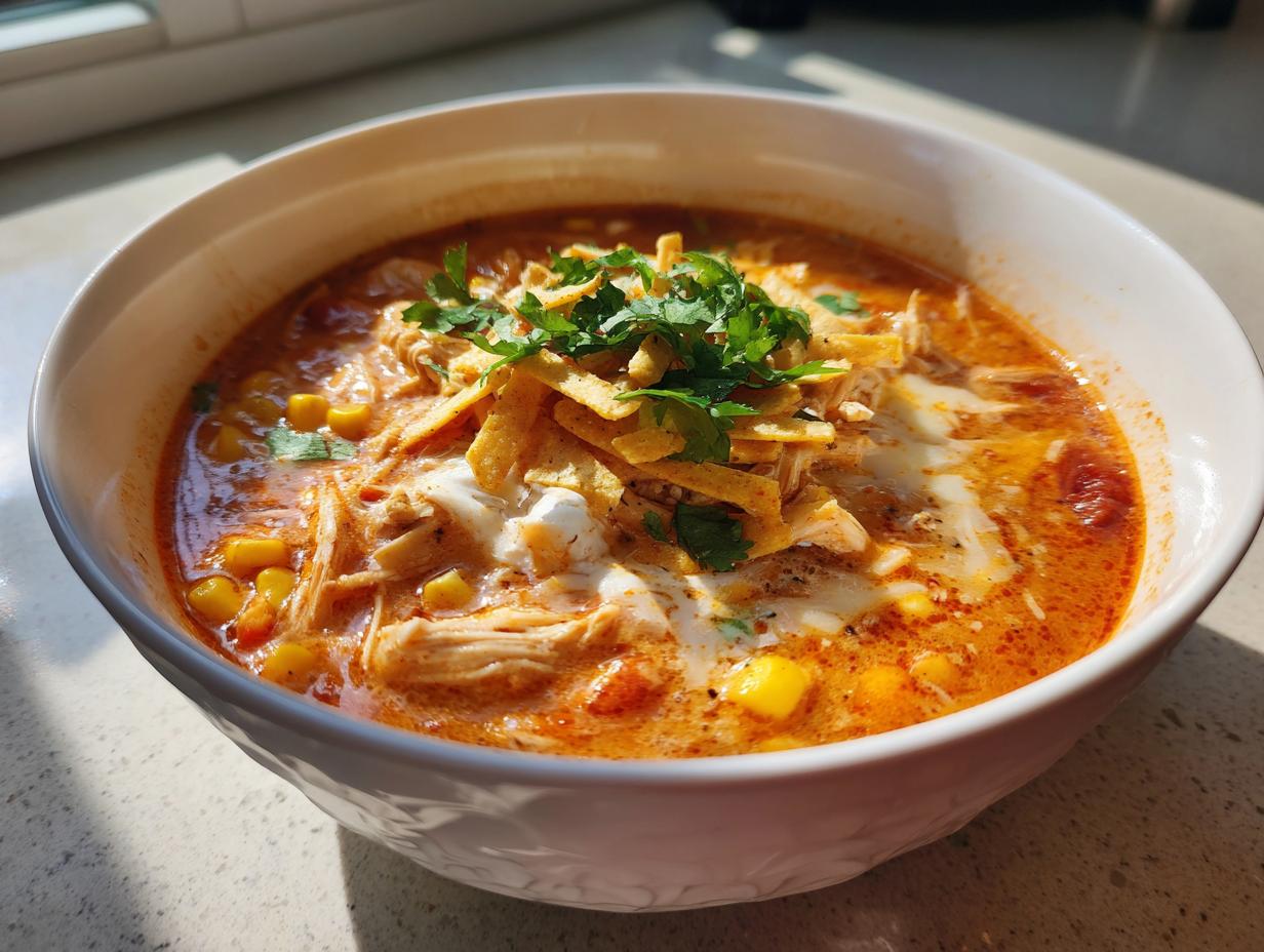 A close-up of a white bowl filled with rich, orange creamy chicken tortilla soup, topped with shredded chicken, corn, sour cream, tortilla strips, and cilantro.