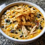 Close-up of a bowl of creamy chicken tortilla soup loaded with shredded chicken, black beans, corn, and crispy tortilla strips.