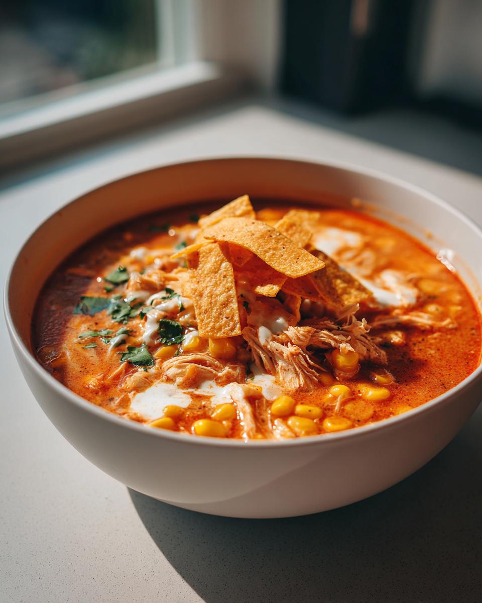 A close-up of a bowl of rich, orange creamy chicken tortilla soup topped with shredded chicken, corn, sour cream, cilantro, and tortilla strips.