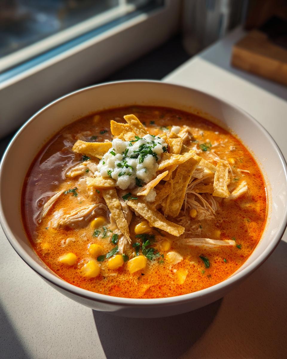 A vibrant bowl of creamy chicken tortilla soup topped with shredded chicken, corn, tortilla strips, and cotija cheese.