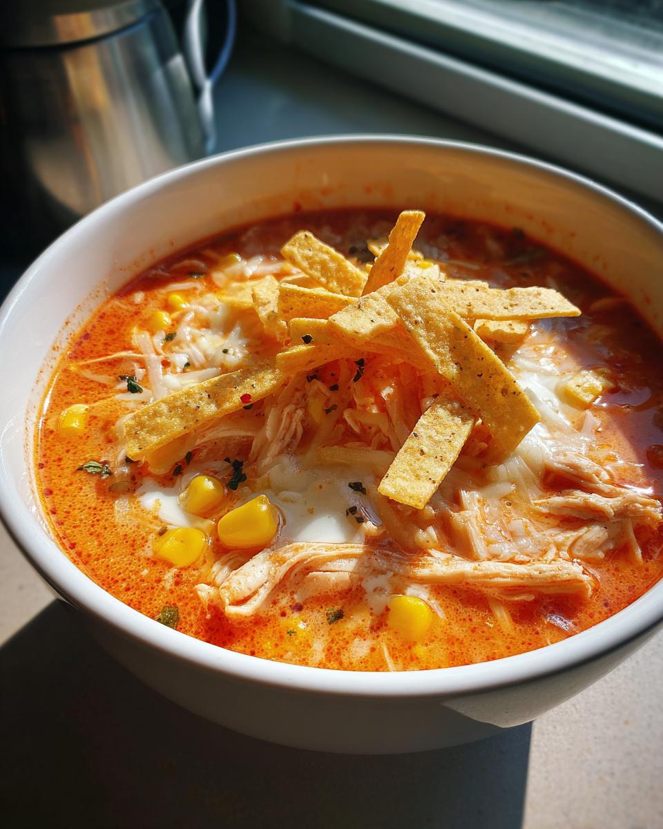 Close-up of a bowl of creamy chicken tortilla soup topped with shredded cheese, corn, and crispy tortilla strips.
