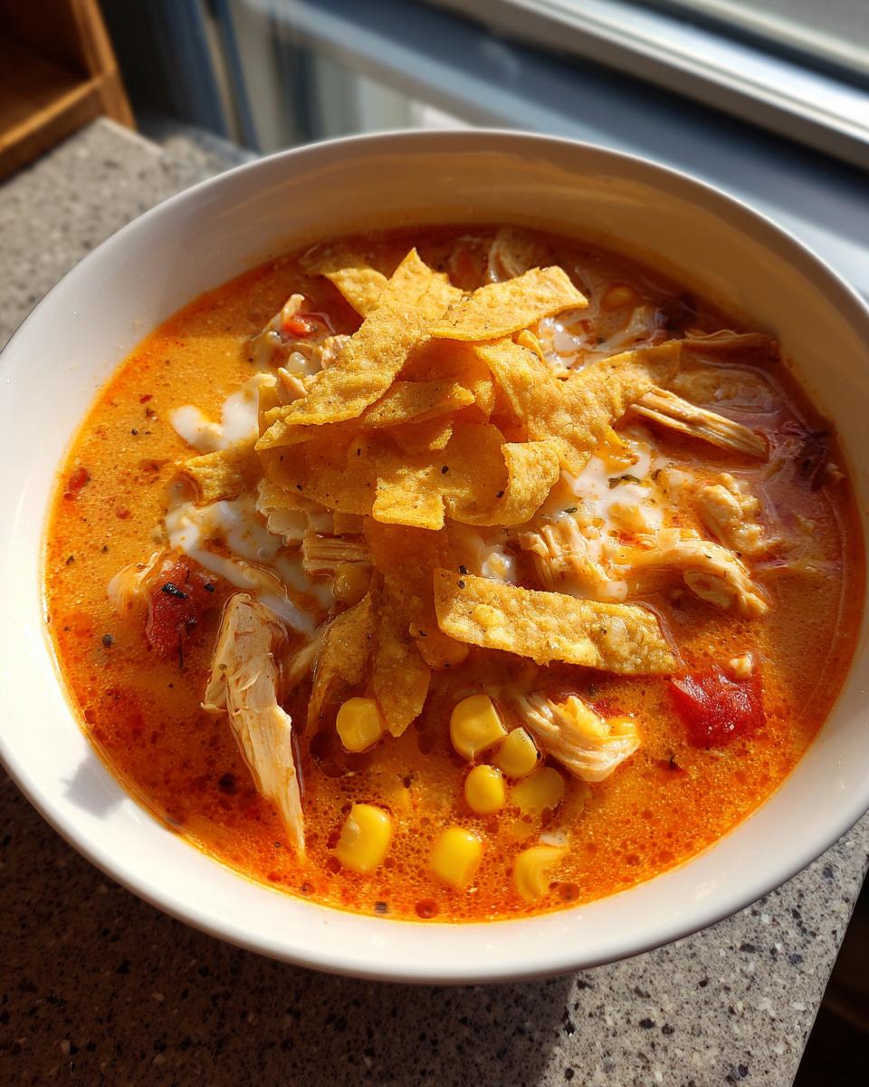 A close-up of a white bowl filled with rich, orange creamy chicken tortilla soup, topped with tortilla strips, sour cream, and corn.