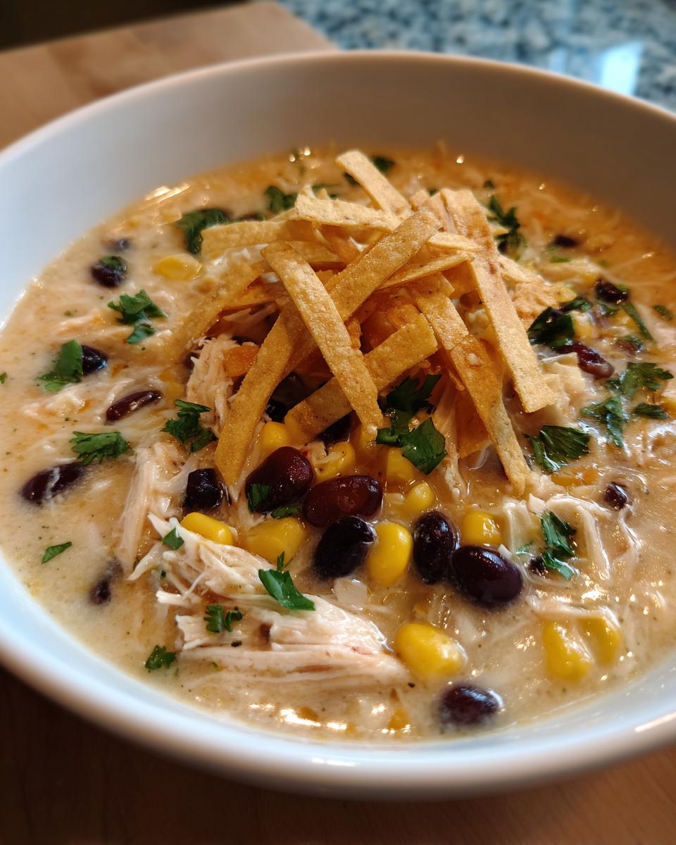 Close-up of creamy chicken tortilla soup with shredded chicken, black beans, corn, and crispy tortilla strips.