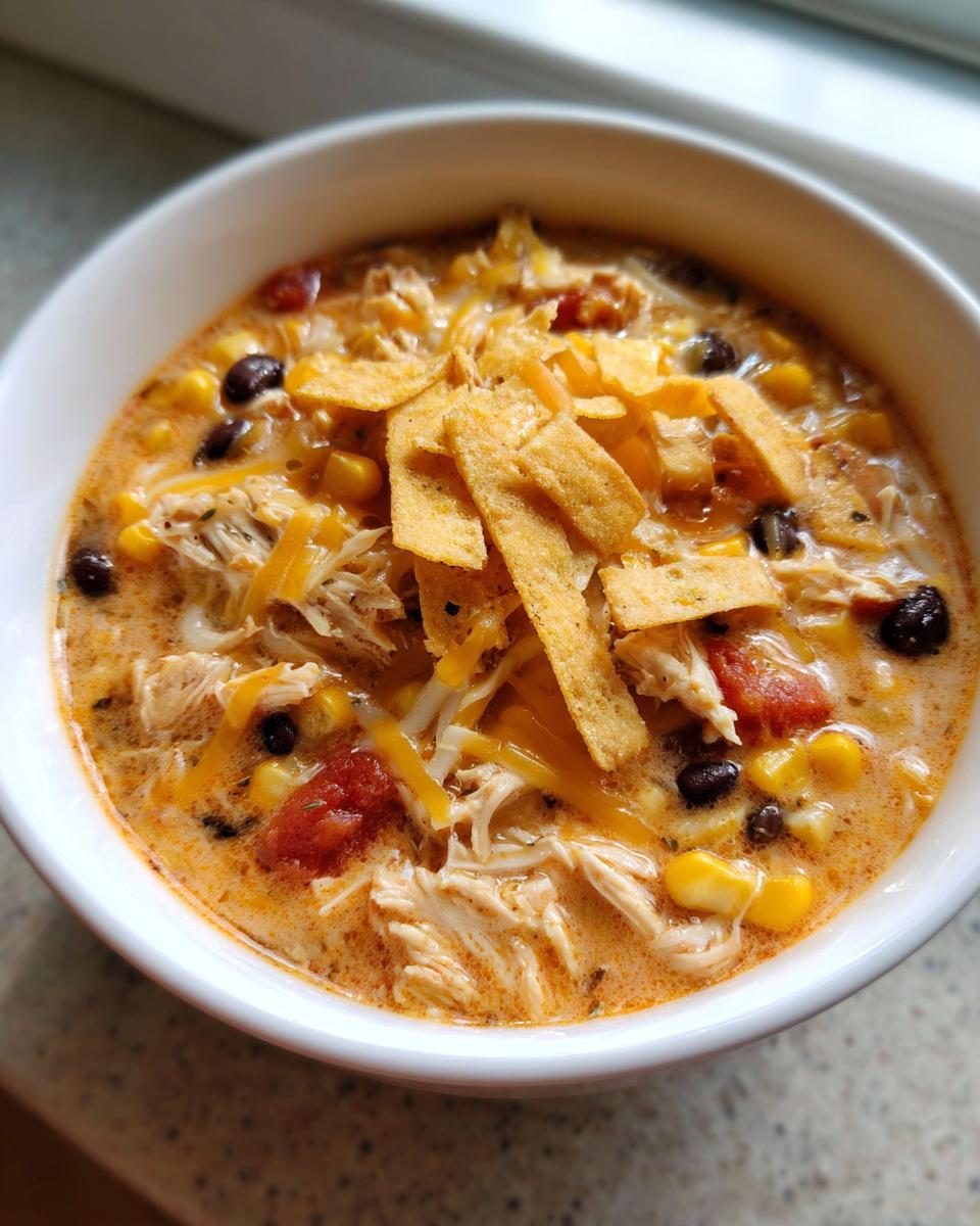 A close-up of creamy chicken tortilla soup loaded with shredded chicken, corn, black beans, cheese, and tortilla strips.