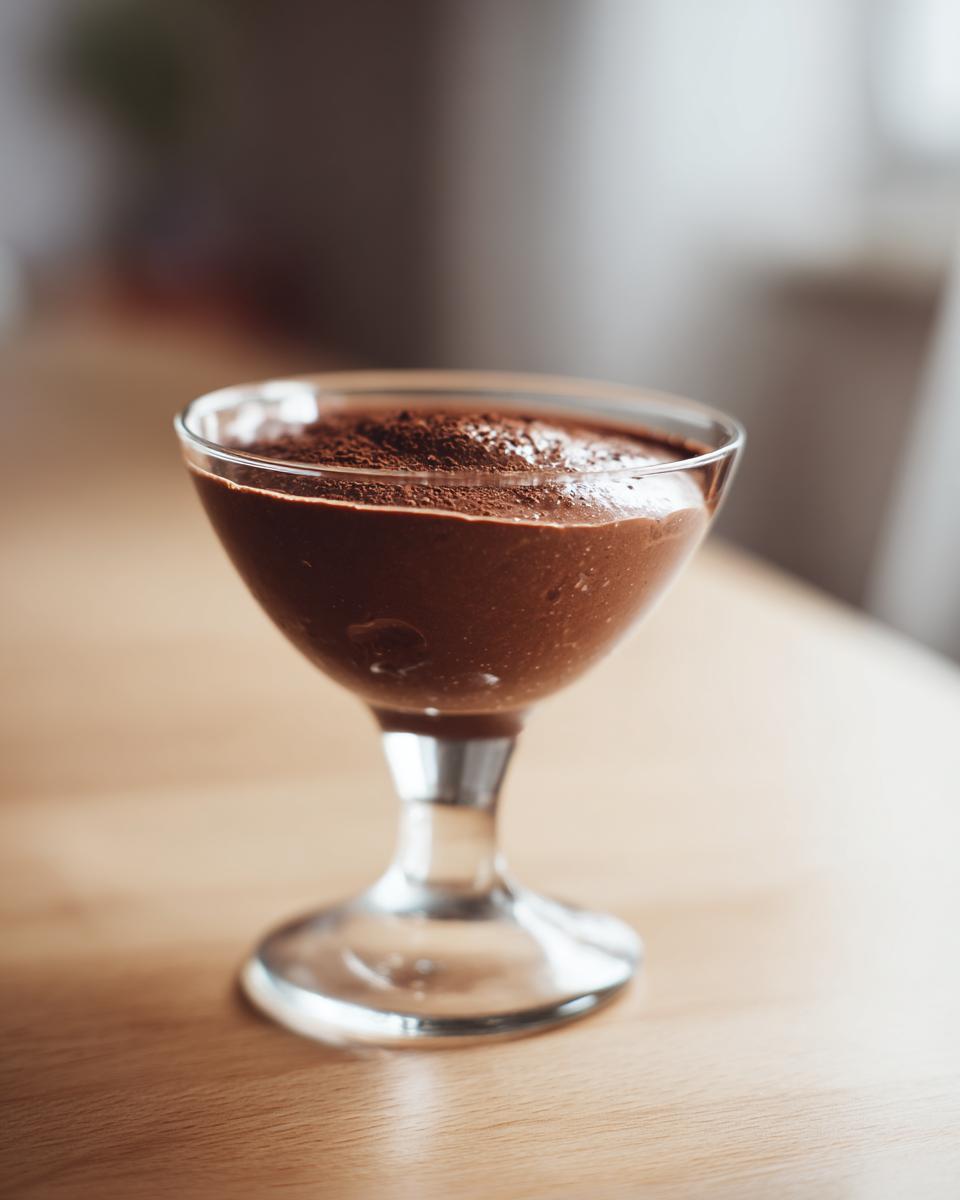 A serving of rich, creamy chocolate pudding topped with cocoa powder in a stemmed glass.