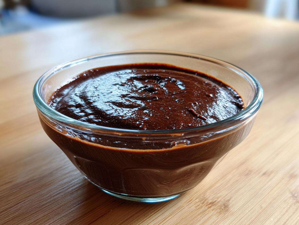 A close-up of rich, dark, creamy chocolate pudding served in a small clear glass bowl on a wooden surface.