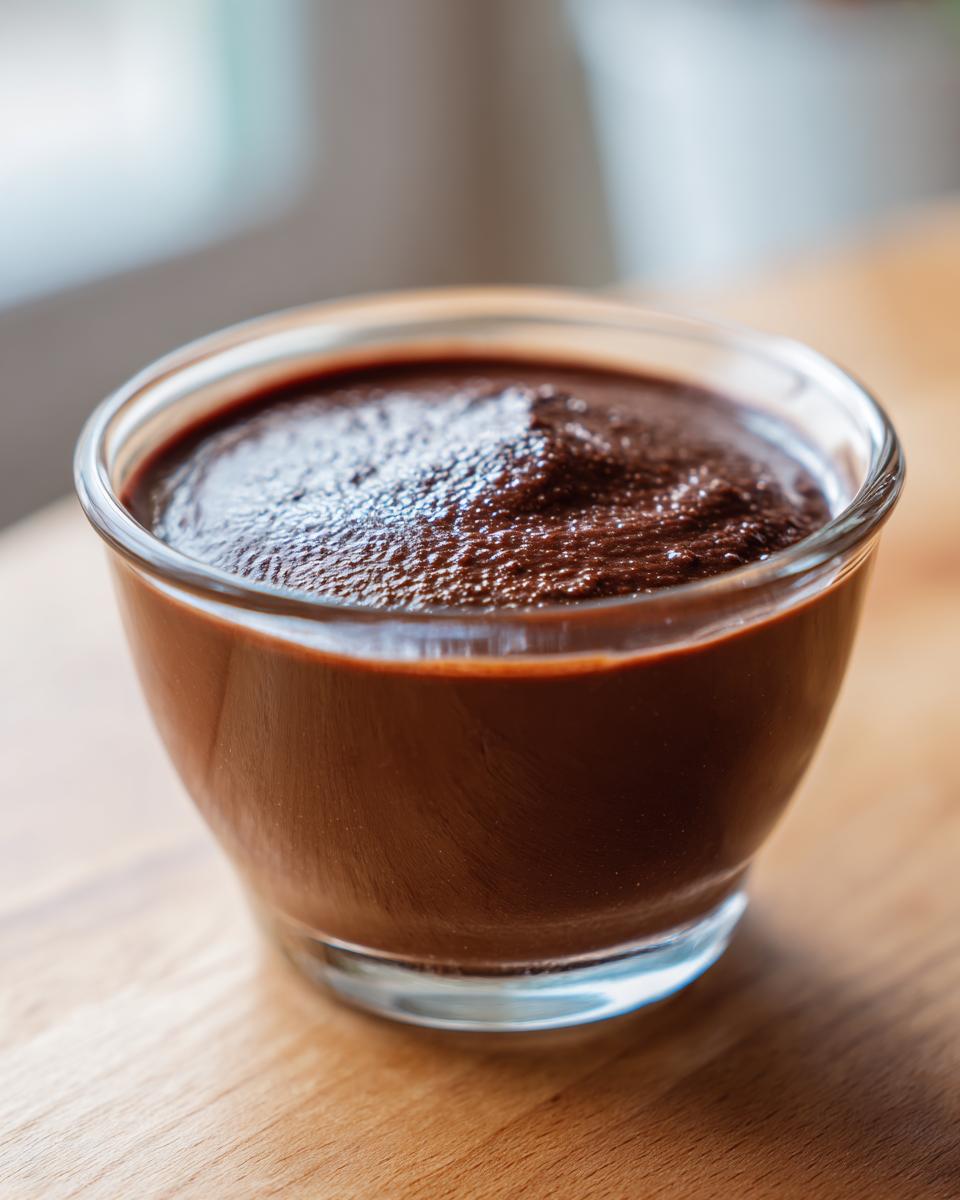 A close-up of thick, rich chocolate pudding served in a small clear glass bowl on a wooden surface.