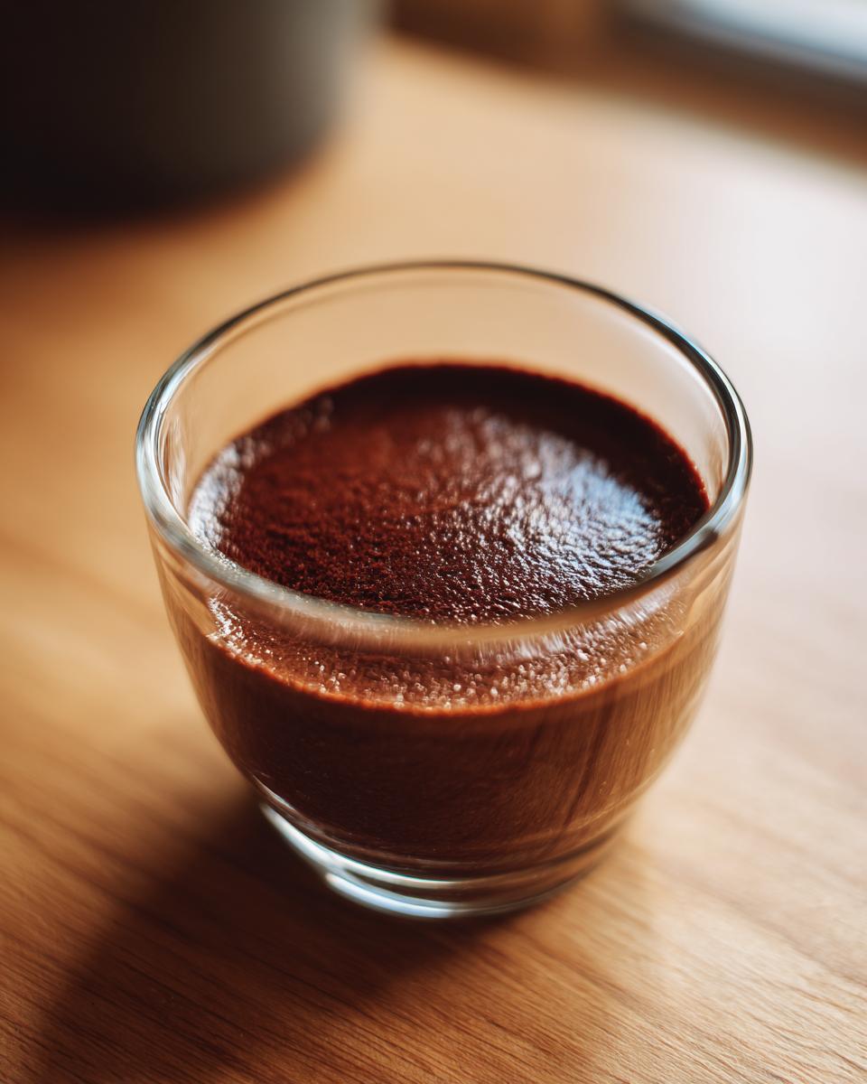 Close-up of creamy chocolate pudding served in a clear glass dish on a wooden surface.