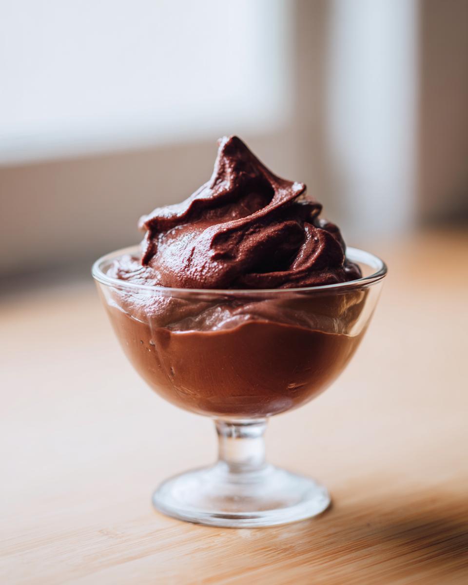 A serving of rich, dark chocolate pudding swirled high in a clear glass dessert dish.