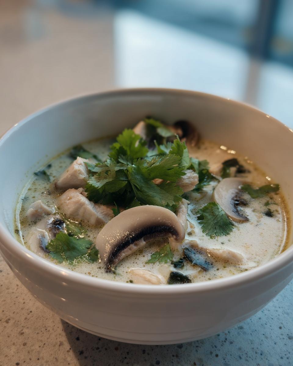 A close-up view of a white bowl filled with creamy coconut soup, featuring chunks of chicken, sliced mushrooms, and fresh cilantro.