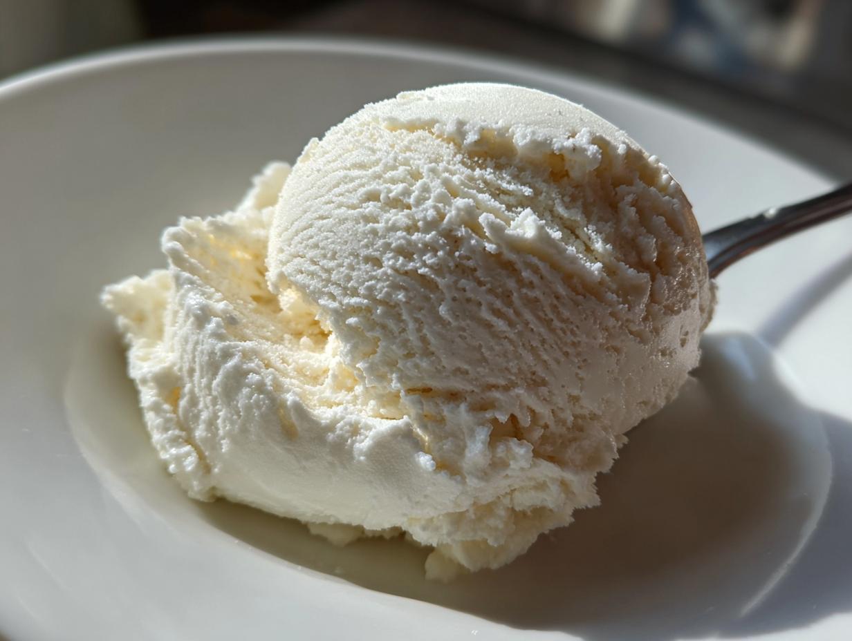 A close-up of a perfectly scooped portion of creamy, white cottage cheese ice cream in a white bowl.