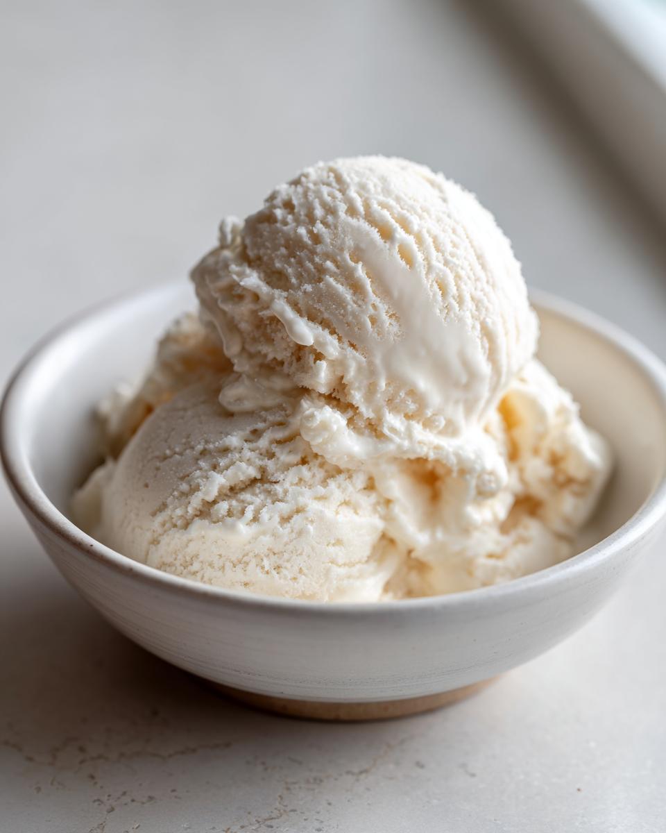 Close-up of three scoops of creamy, vanilla-colored cottage cheese ice cream in a white ceramic bowl.