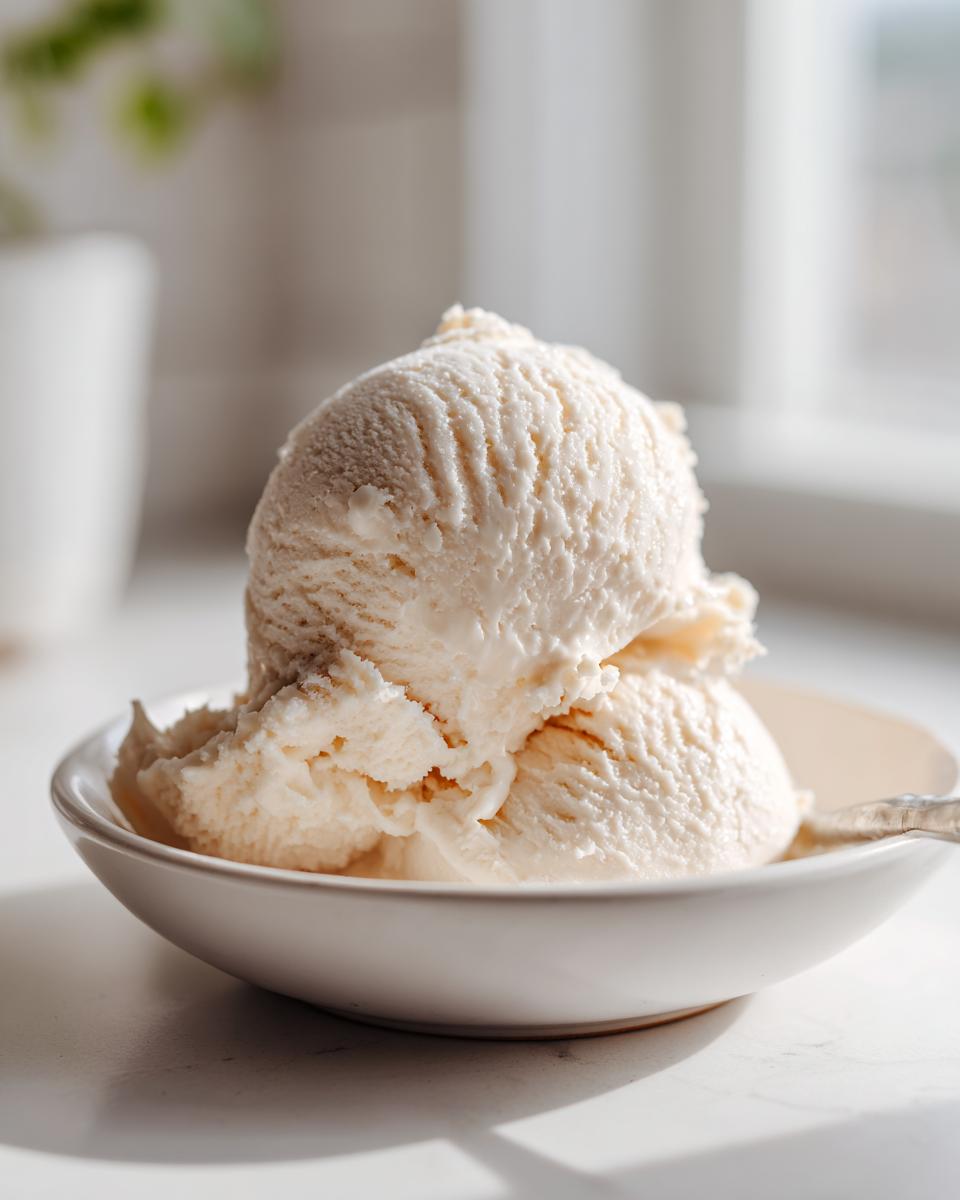 Close-up of two scoops of creamy, pale cottage cheese ice cream in a white bowl.
