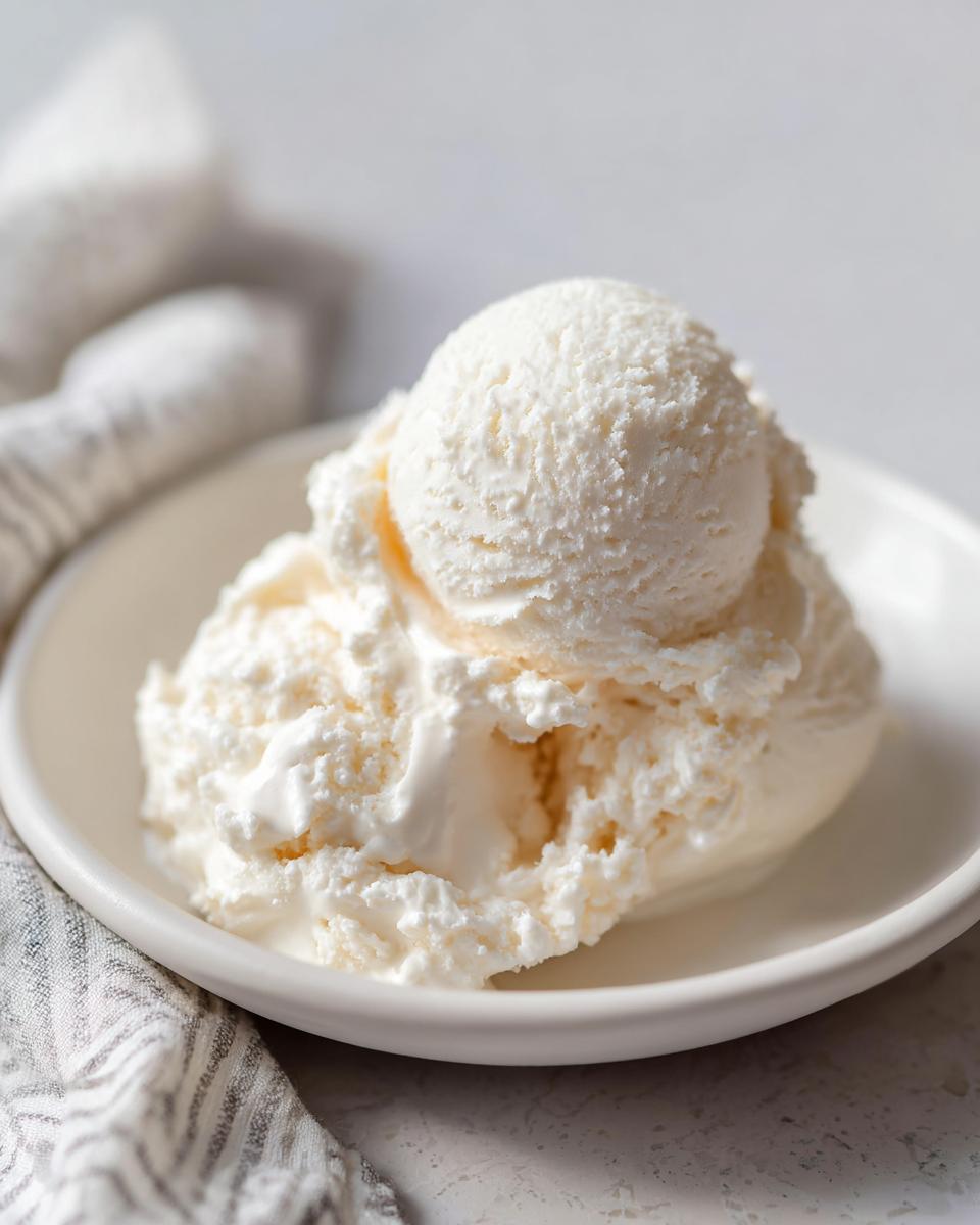 Close-up of two generous scoops of creamy white cottage cheese ice cream in a small white bowl.