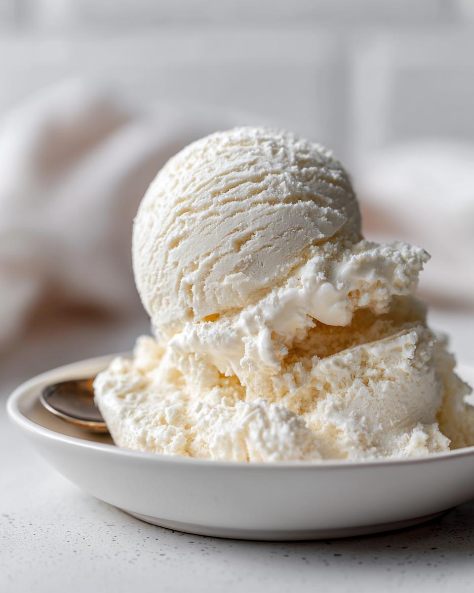 Close-up of creamy, white cottage cheese ice cream scooped into a small white bowl.