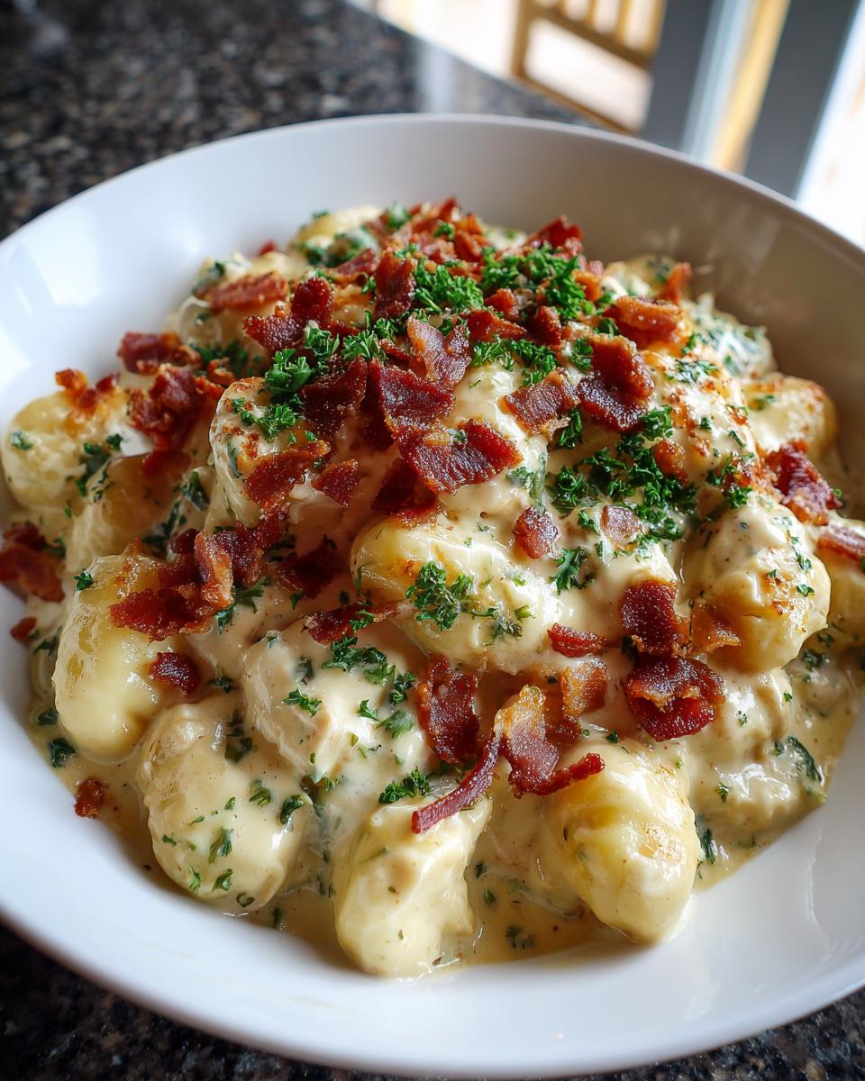 Close-up of a white bowl filled with creamy crack chicken gnocchi, topped generously with crumbled bacon and fresh parsley.