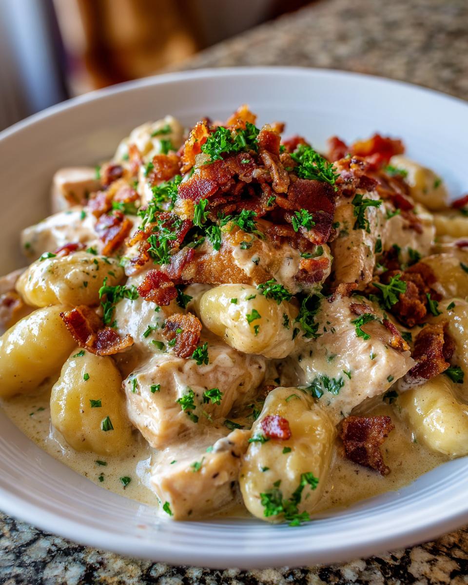 A close-up serving of creamy crack chicken gnocchi, topped generously with crumbled bacon and fresh parsley.