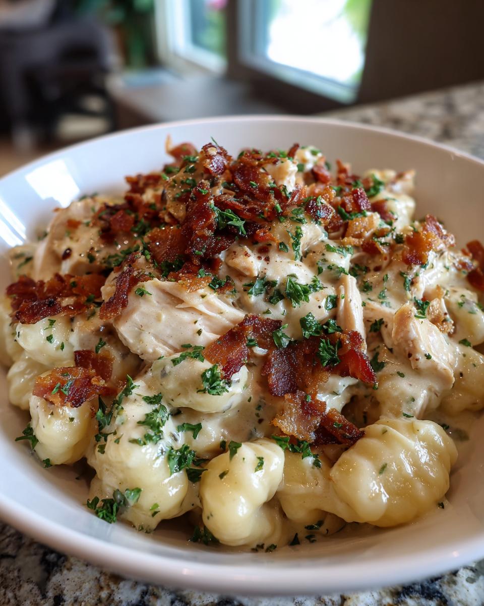 A white bowl filled with creamy crack chicken gnocchi topped generously with crispy bacon bits and fresh parsley.
