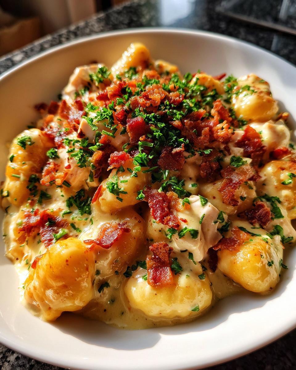 A close-up of creamy crack chicken gnocchi topped generously with crispy bacon bits and fresh chopped parsley.