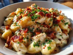 A close-up, bright photo of creamy crack chicken gnocchi topped with crispy bacon bits and fresh parsley.