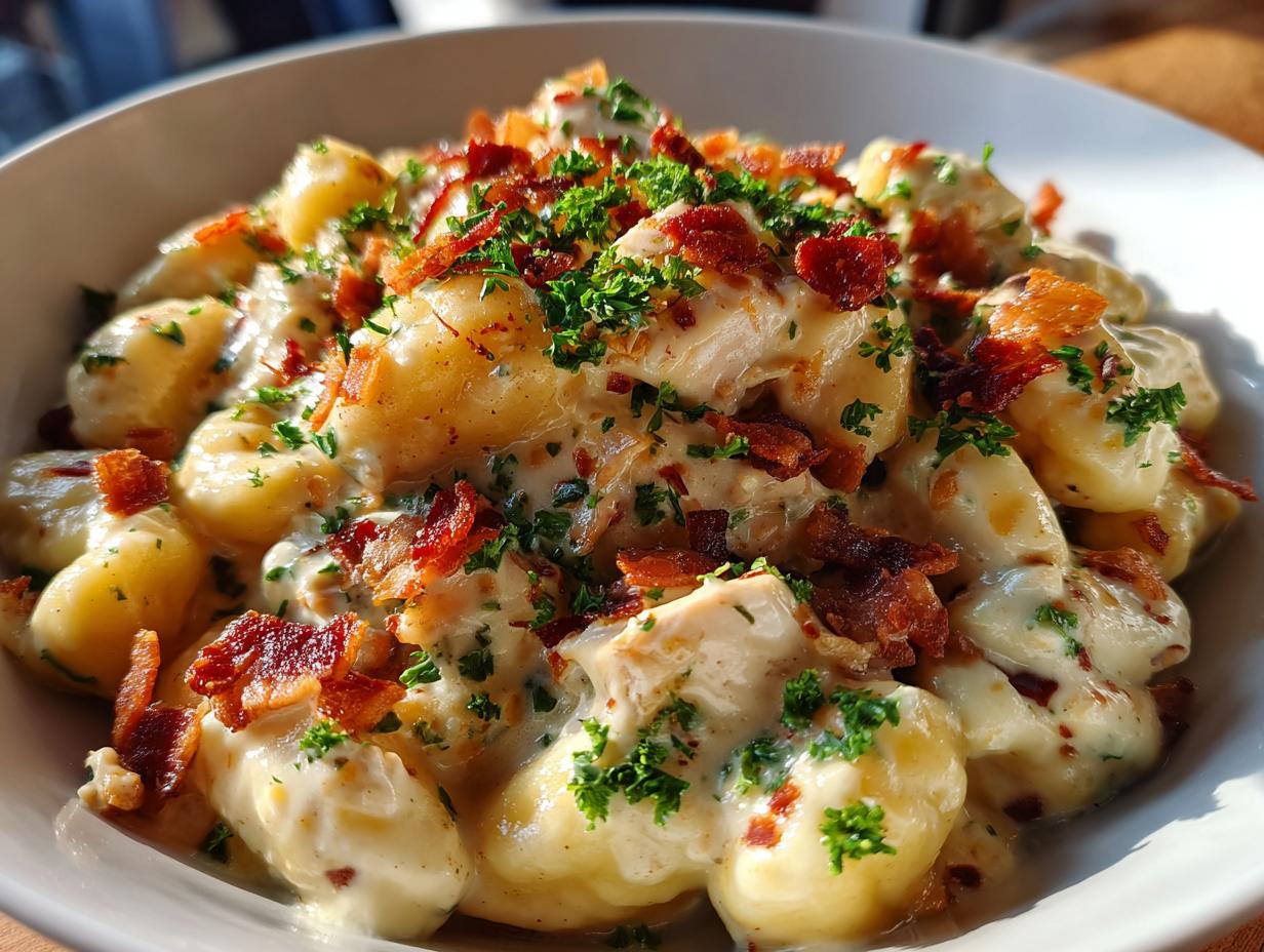 A close-up, bright photo of creamy crack chicken gnocchi topped with crispy bacon bits and fresh parsley.