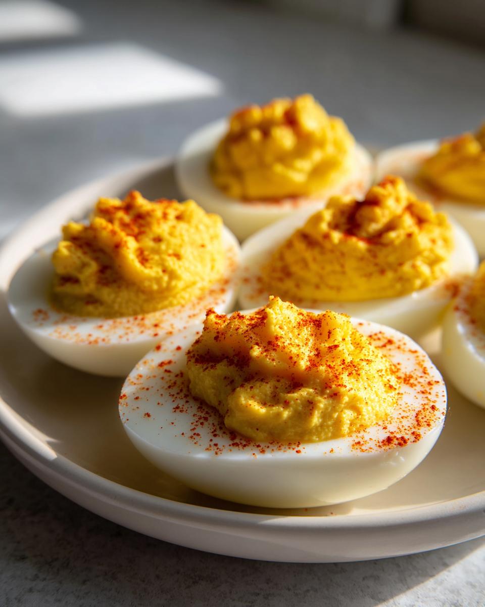 Close-up of creamy deviled eggs piped high and sprinkled with paprika on a white plate.